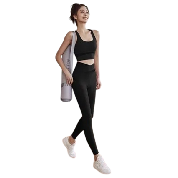 Damen Sportanzug Leggings und Sport-BH Einfarbiger Fitnessanzug aus Nylon und Spandex schwarz S