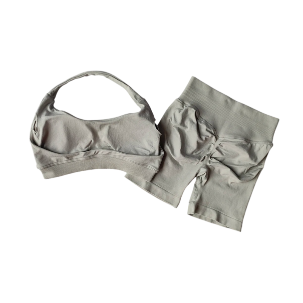 Damen Sportanzug mit Shorts und Sport-BH, einfarbig, Nylon, Spandex, bequem und stilvoll für Fitness und Training grau S