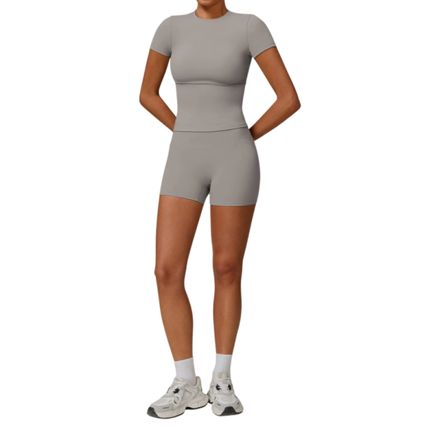 Damen Sportanzug mit Shorts und T-Shirt mit kurzen Ärmeln, einfarbig, Nylon, Polyester, bequem und stylisch für Fitness grau XS