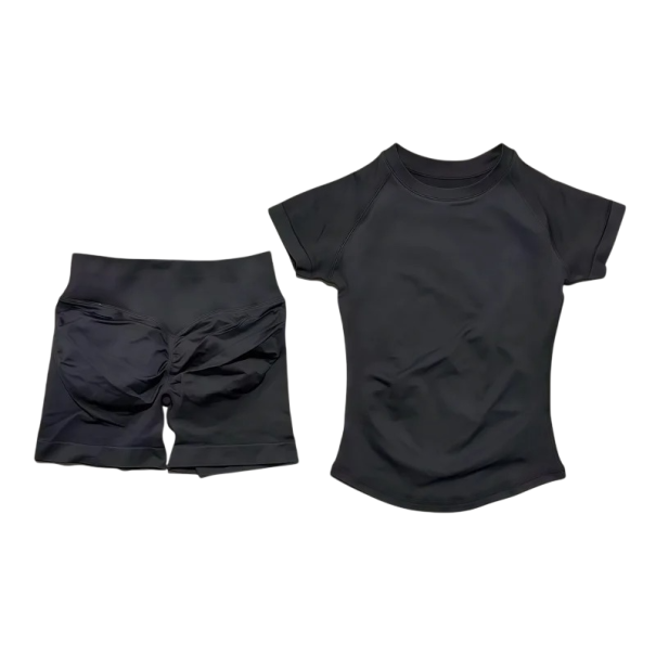 Damen Sportanzug mit Shorts und T-Shirt mit kurzen Ärmeln, einfarbig, Nylon, Spandex, bequem und stilvoll für Fitness schwarz L