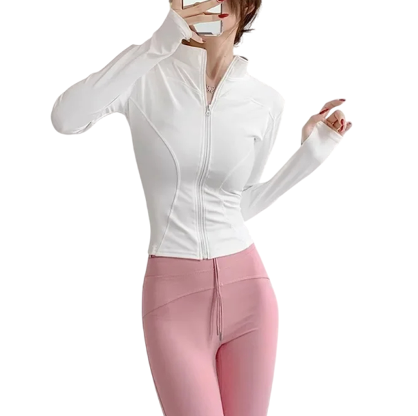 Damen Sportjacke mit Reißverschluss Enganliegender Schnitt Daumenlöcher Schnelltrocknendes Material Bequemes Tragen Fitnessbekleidung Training weiß L