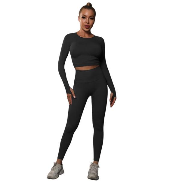 Damen Sportset Leggings und Langarmshirt Hoher Bund Nahtloser Stretchstoff Elastan und Nylon Für Fitness Yoga und Laufen schwarz S