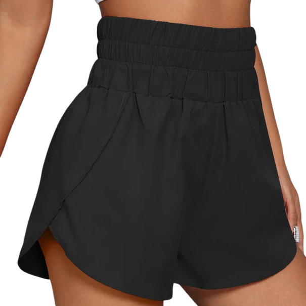 Damen Sportshorts mit hohem elastischen Bund und weiten Beinen, Shorts zum Laufen, Trainieren, Fitness und für den Alltag schwarz S