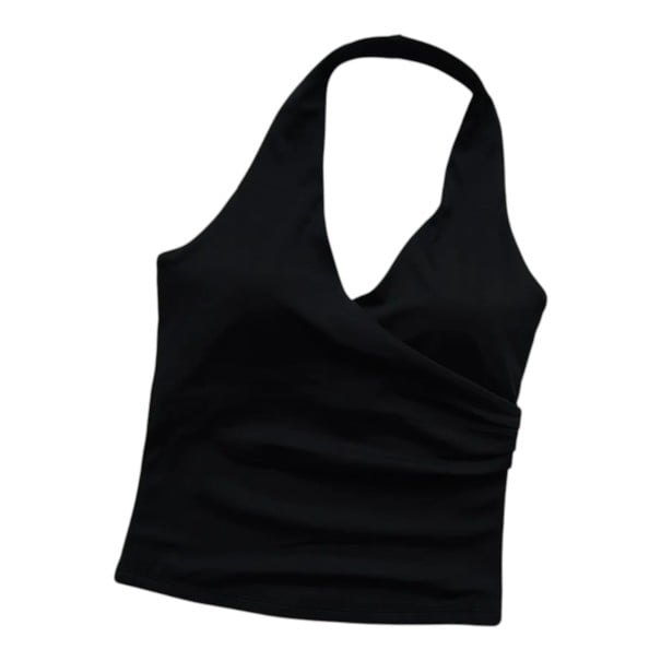 Damen Sporttop mit Kragen und überlappendem Vorderteil sowie V-Ausschnitt und offenen Rücken im verlängerten Schnitt für Yoga schwarz S