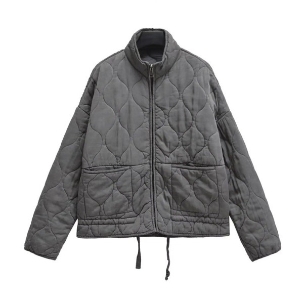 Damen Steppjacke für den Herbst mit Stehkragen Reißverschluss Außentaschen Kordelzug Warmer Mantel für den Alltag grau M