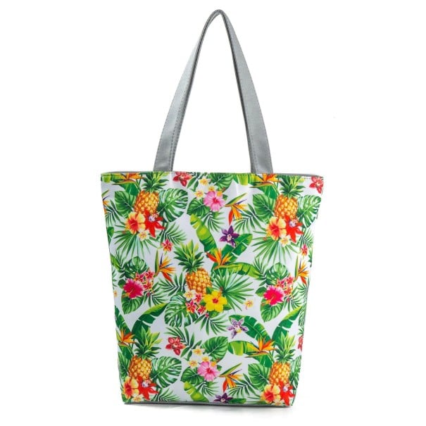 Damen Stofftasche mit Ananas- und tropischen Blattdruck Geräumiger Shopper mit zwei grauen Griffen 27 x 38 x 11 cm Baumwolle und Polyester 1