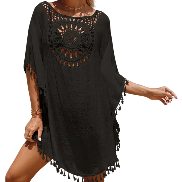 Damen Strandkleid mit Häkelmuster und Fransen am Saum, lockerer Schnitt, Strandtunika, Überwurf über Badeanzüge für den Strand, am Pool schwarz