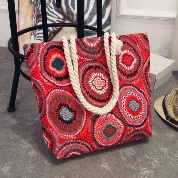 Damen Strandtasche mit buntem Kreisdesign Große Tasche aus Leinen und Polyester 41 x 35 x 10 cm Gedrehte Griffe im Aussehen von Seil rot