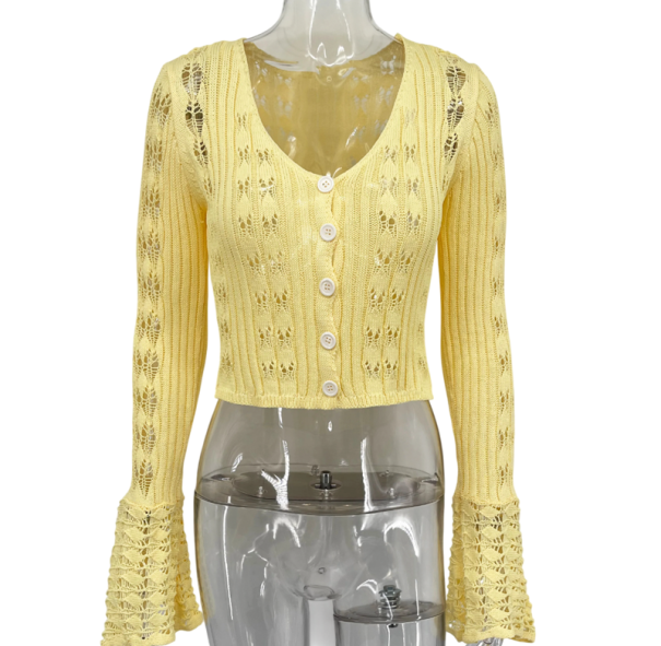 Damen Strick-Kardigan mit V-Ausschnitt Einfarbiger Knopf-Cardigan mit weit geschnittenen Ärmeln Eleganter modischer Pullover Polyester und Baumwolle gelb L