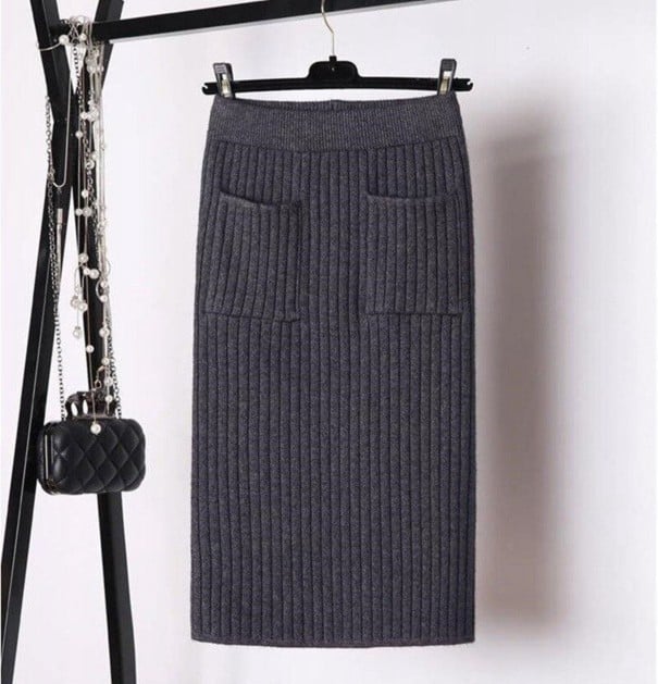 Damen Strick Midi Rock mit Taschen Gerippter Bleistiftrock mit elastischem Bund und Schlitz Viskose mit Spandex Eleganter Rock für die Arbeit 1