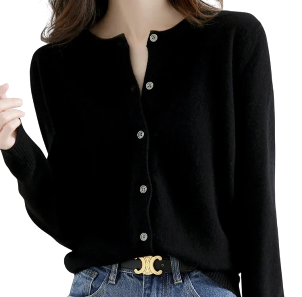 Damen Strickcardigan aus Polyester mit Rundhalsausschnitt Einfarbiger eleganter Pullover mit Knöpfen und langen Ärmeln Universelle Größe schwarz