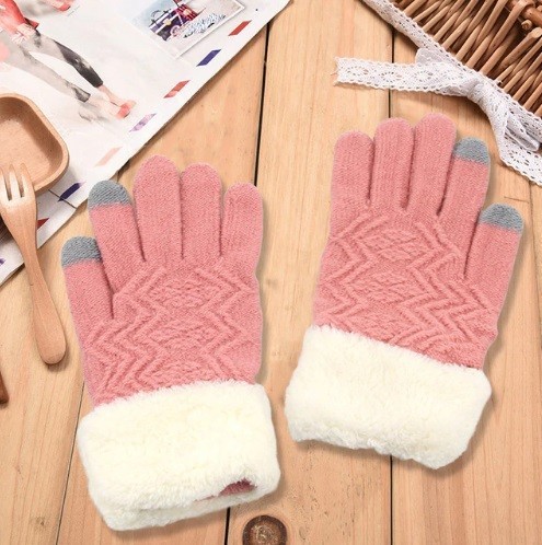 Damen-Strickhandschuhe mit Fell J2393 rosa