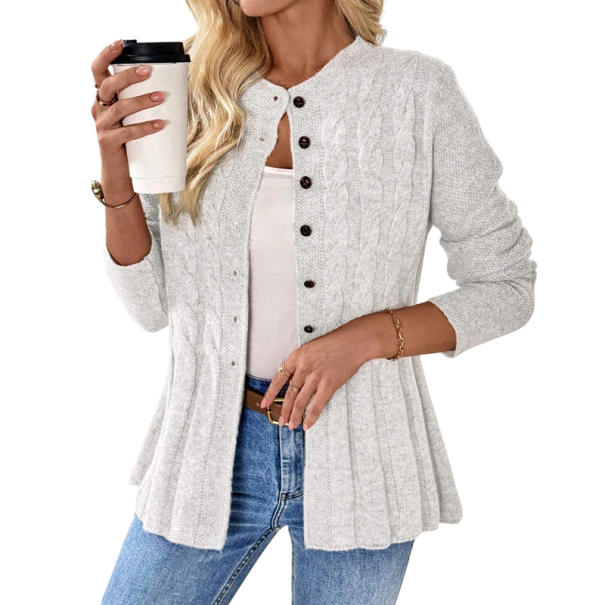 Damen Strickjacke mit Knöpfen und Zopfmuster, akrylischer Pullover mit langen Ärmeln für Herbst und Winter sowie für den Alltag weiß S