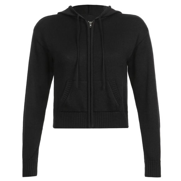 Damen Strickjacke mit Reißverschluss und Kapuze Kürzerer Schnitt Lange Ärmel Vordertaschen Kordeln an der Kapuze Rippbündchen Polyester schwarz S