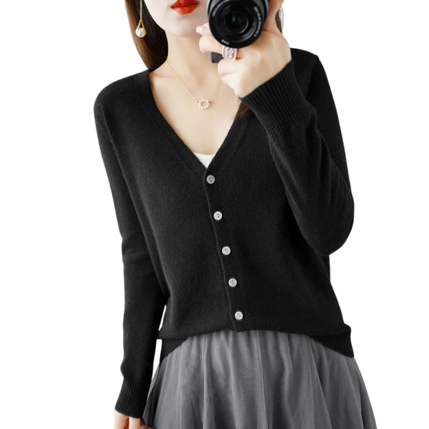 Damen Strickjacke mit V-Ausschnitt Eleganter Knopf-Cardigan Einfarbiger modischer Pullover Verschiedene Farben Polyester Acryl schwarz XS