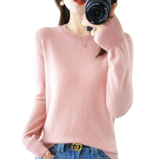 Damen Strickpullover aus Polyester und Acryl mit Rundhalsausschnitt Einfarbiger eleganter Pullover mit langen Ärmeln Universelle Größe rosa