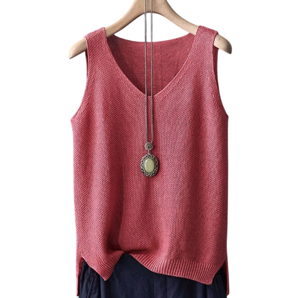 Damen Stricktop ohne Ärmel mit V-Ausschnitt Elegantes luftiges Stricktop mit lockerer Passform Sommertop für Büro und Freizeit rot