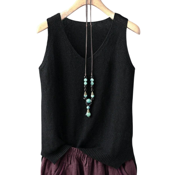 Damen Stricktop ohne Ärmel mit V-Ausschnitt Elegantes luftiges Stricktop mit lockerer Passform Sommertop für Büro und Freizeit schwarz