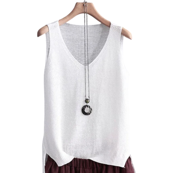 Damen Stricktop ohne Ärmel mit V-Ausschnitt Elegantes luftiges Stricktop mit lockerer Passform Sommertop für Büro und Freizeit weiß
