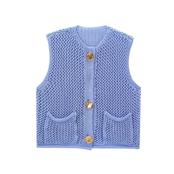 Damen Strickweste mit V-Ausschnitt und Taschen Einfarbige stylische Weste mit Knopfverschluss Bequemer Polyesterpullover in verschiedenen Farben blau M