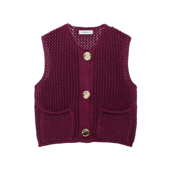 Damen Strickweste mit V-Ausschnitt und Taschen Einfarbige stylische Weste mit Knopfverschluss Bequemer Polyesterpullover in verschiedenen Farben weinrot L