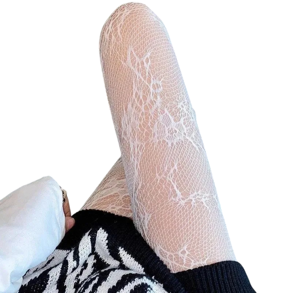 Damen-Strümpfe aus transparenter Netzspitze, elegante schwarze Strümpfe, Spitze, sexy gemusterte Strümpfe, modisches Accessoire für den Abend weiß