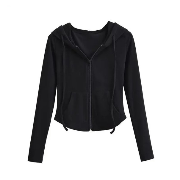 Damen Sweatjacke mit Reißverschluss, Kapuze und Taschen Einfarbige Jacke aus weichem Polyester Bequemer Freizeitoberteil schwarz S