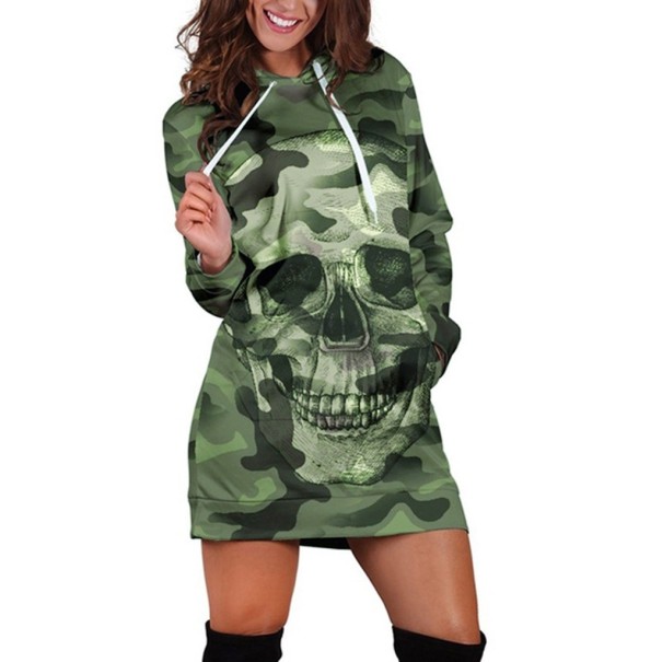 Damen-Sweatkleid mit Totenkopf armeegrün XS