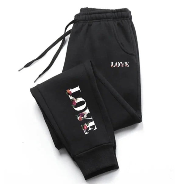Damen Sweatpants mit LOVE-Aufdruck an der Seite und an den Beinen mit Kordelzug Polyester Einfarbig Bequem und stilvoll für den täglichen Gebrauch schwarz XL
