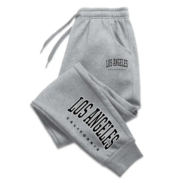 Damen Sweatpants mit Taschen und dem Aufdruck Los Angeles an der Seite und an den Beinen mit Kordelzug Polyester Einfarbig Bequem für Freizeit und Sport grau L