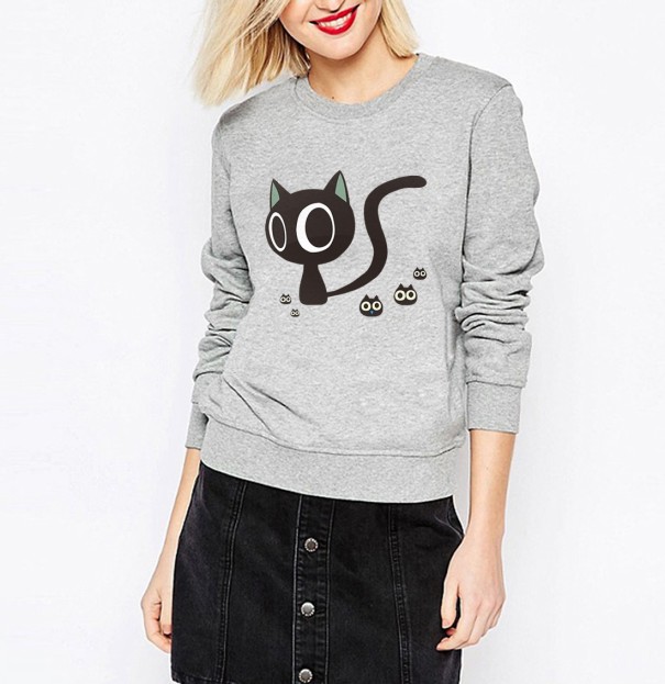 Damen-Sweatshirt mit Katzenprint B21 grau L