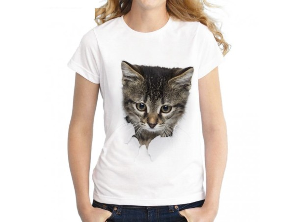 Damen-T-Shirt 3D mit einer Katze J539 M 2