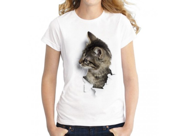 Damen-T-Shirt 3D mit einer Katze J539 S 3