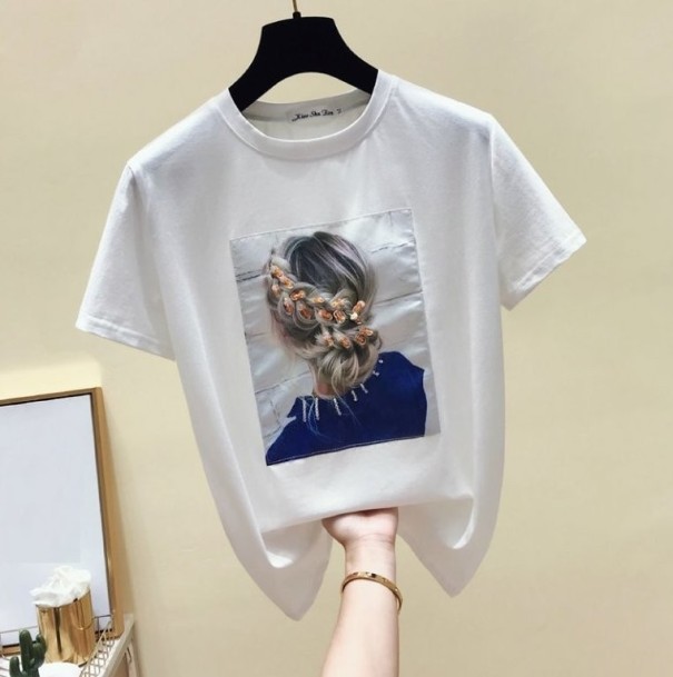 Damen-T-Shirt mit 3D-Haarmotiv weiß M