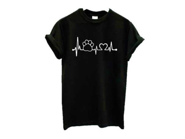 Damen-T-Shirt mit Aufdruck eines Herzschlags und einer Hundepfote J1798 schwarz XL
