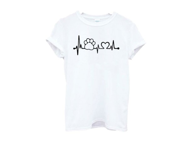 Damen-T-Shirt mit Aufdruck eines Herzschlags und einer Hundepfote J1798 weiß S
