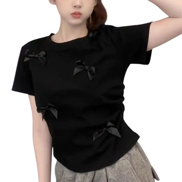 Damen T-Shirt mit dekorativen Schleifen Elegante lockere Passform Kurze Ärmel Weiches Material Stilvolles Detail für den Alltag schwarz XS