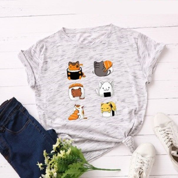 Damen-T-Shirt mit einem Aufdruck aus Sushi und Katzen hellgrau 4XL