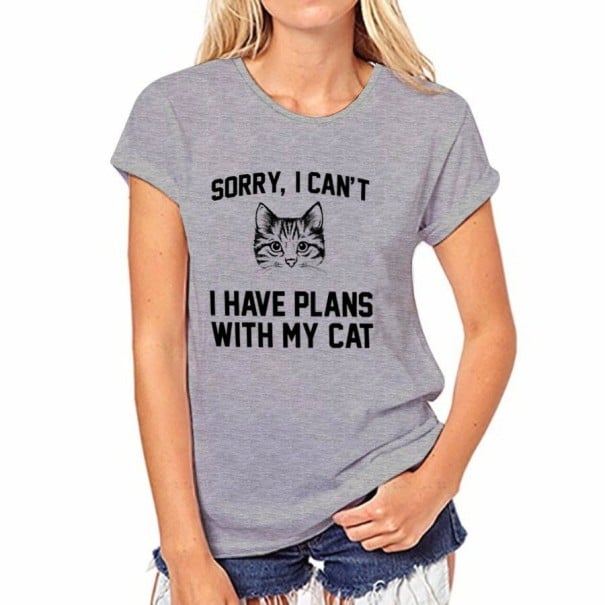 Damen-T-Shirt mit einer Katze B102 grau XXS