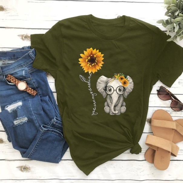 Damen-T-Shirt mit Elefanten-Print armeegrün M