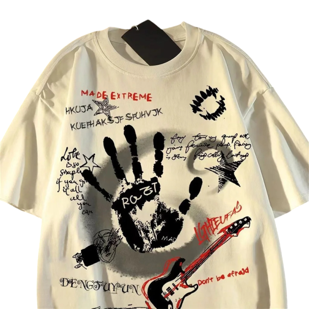 Damen T-Shirt mit Gitarren- und Hand-Print Streetwear Oberteil mit kurzen Ärmeln Rundhals Modischer Rock-Style für Freizeit und Konzerte weiß XL