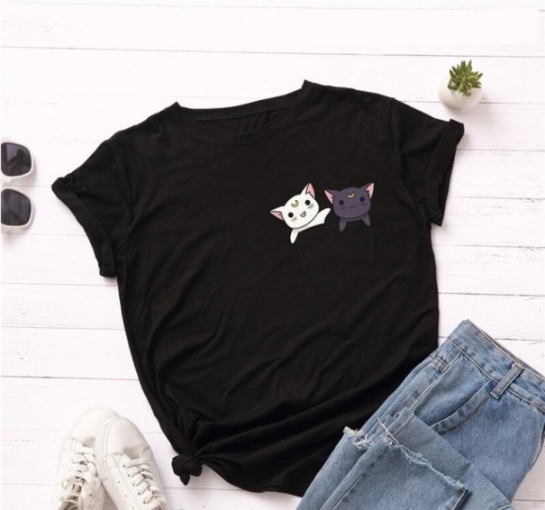 Damen-T-Shirt mit Katzenaufdruck B289 schwarz 4XL