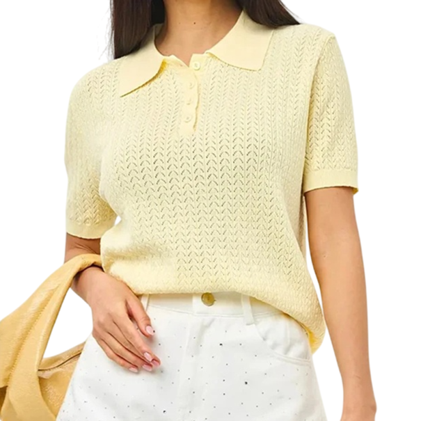 Damen T-Shirt mit Kragen Edles Häkelmuster Kurzarm Atmungsaktives Strickmaterial Leichtes Oberteil Luftiges Design für den Sommer gelb M