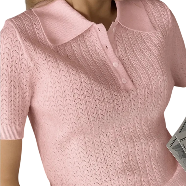 Damen T-Shirt mit Kragen Edles Häkelmuster Kurzarm Atmungsaktives Strickmaterial Leichtes Oberteil Luftiges Design für den Sommer rosa S