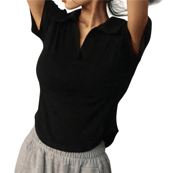 Damen T-Shirt mit Kragen Eleganter Ausschnitt Kurze Ärmel Moderner taillierter Schnitt Lässiges Oberteil für den Alltag Stylisches Teil für ein urbanes Outfit schwarz L