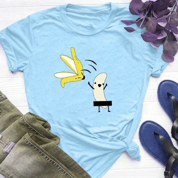 Damen-T-Shirt mit lustigem Bananen-Print hellblau L