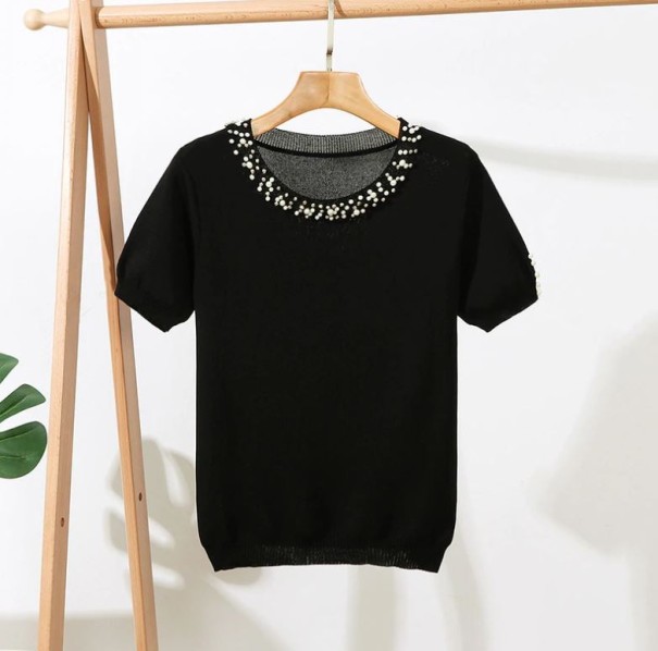 Damen-T-Shirt mit Perlen A1317 schwarz