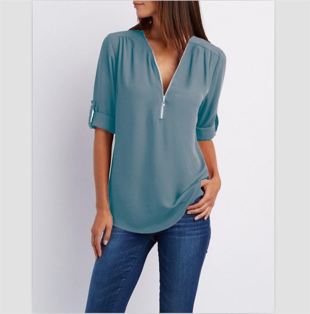 Damen-T-Shirt mit Reißverschluss hellblau 3XL