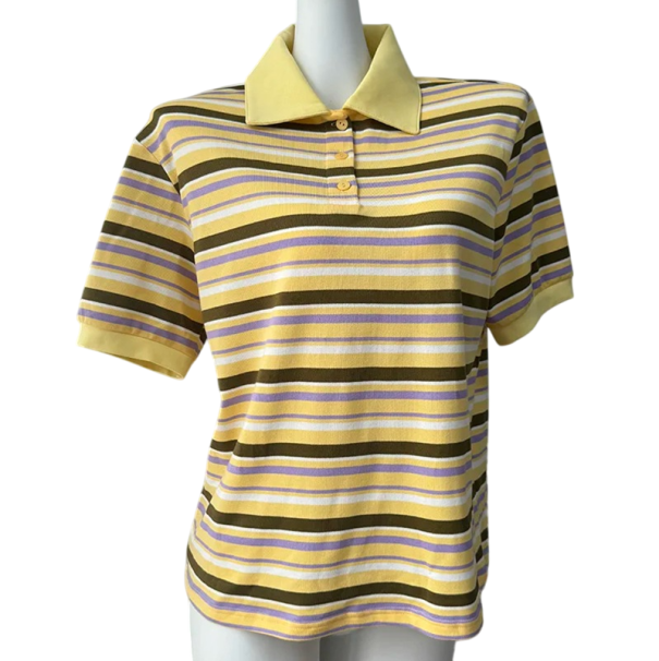 Damen T-Shirt mit Streifenkragen Elegantes Poloshirt aus Baumwolle mit Nackenverschluss Lässiges T-Shirt im Retro-Stil gelb L