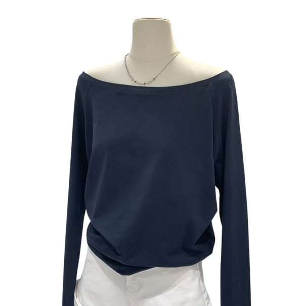 Damen T-Shirt mit U-Boot-Ausschnitt Asymmetrische lockere Passform Schlichtes minimalistisches Design Lange Ärmel Weiches angenehmes Material blau XS